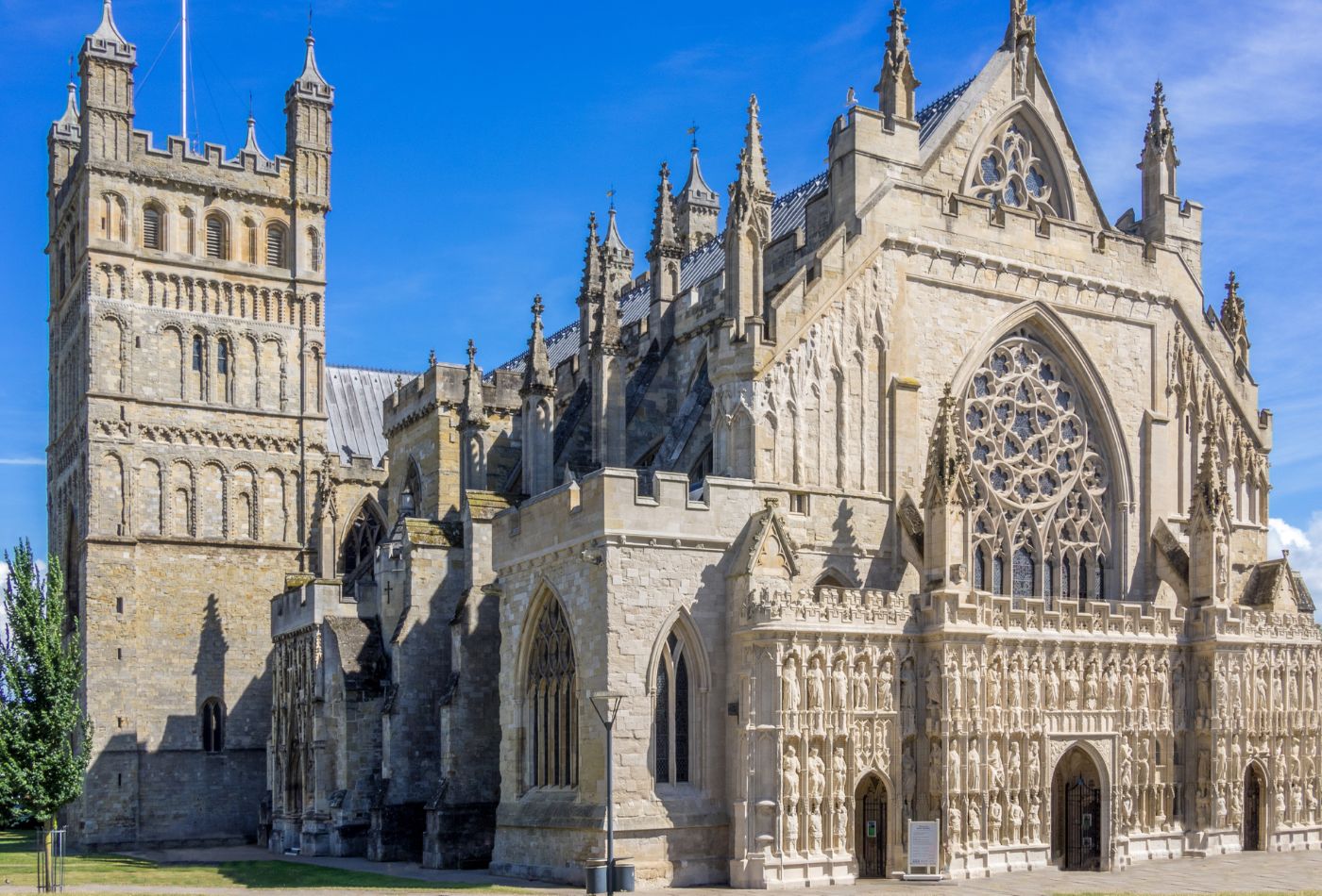 The front of Exeter Cathedral on a sunny day